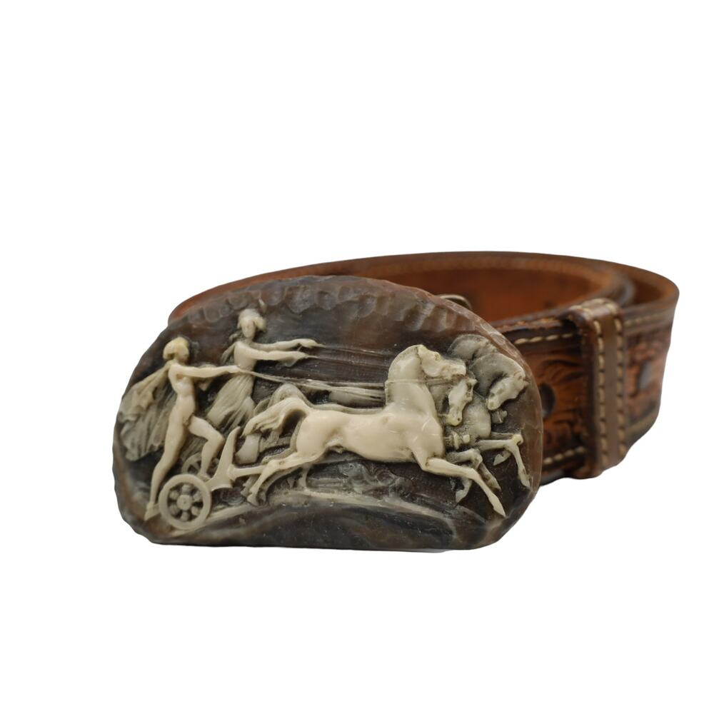 Vintage Carves Chariot Belt Buckle W/Tex Tan Woven Leather Belt